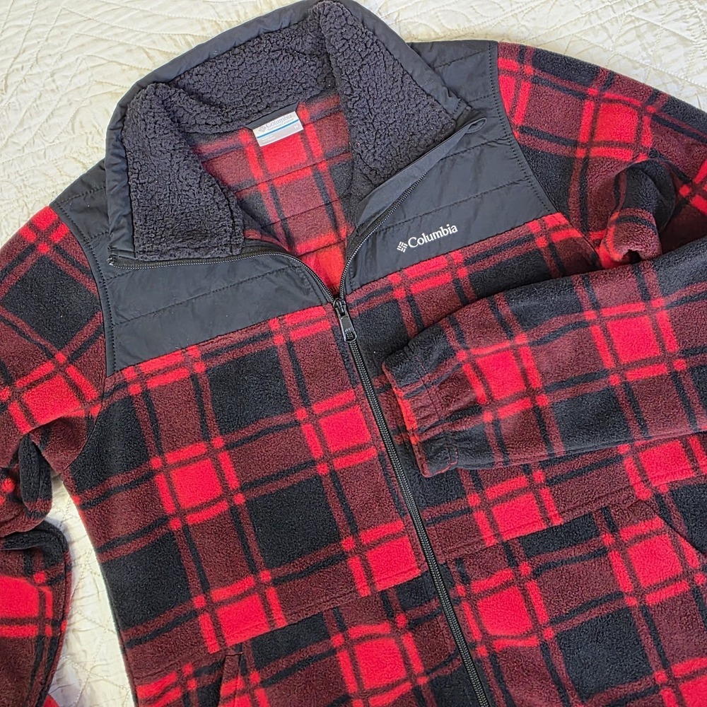 Columbia Bugaboo Interchange Fleece Jacket Mens Medium Buffalo Plaid Red‎ Black